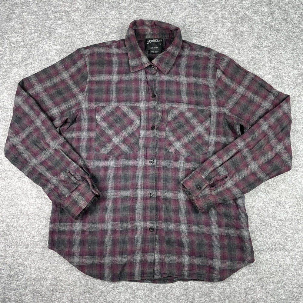 Stussy Flannel Shirt Mens Medium Purple Grey Plaid Ny.L.T.La. World Tour Print
